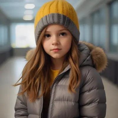 A Young Girl Approximately 8 Years Old With Light Brown Hair And Fair Skin Wearing A Gray Puffer Jacket With A Fur Lined Hood And A Yellow Knitted Beanie The Background Features A Blurred Indoor Setting With Soft Lig 17 1dae