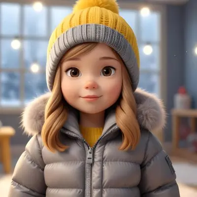 A Young Girl Approximately 8 Years Old With Light Brown Hair And Fair Skin Wearing A Gray Puffer Jacket With A Fur Lined Hood And A Yellow Knitted Beanie The Background Features A Blurred Indoor Setting With Soft Lig 18 952f
