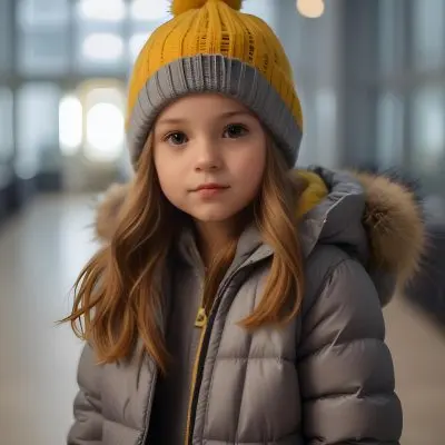 A Young Girl Approximately 8 Years Old With Light Brown Hair And Fair Skin Wearing A Gray Puffer Jacket With A Fur Lined Hood And A Yellow Knitted Beanie The Background Features A Blurred Indoor Setting With Soft Lig 19 A78d