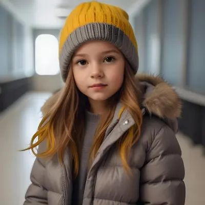 A Young Girl Approximately 8 Years Old With Light Brown Hair And Fair Skin Wearing A Gray Puffer Jacket With A Fur Lined Hood And A Yellow Knitted Beanie The Background Features A Blurred Indoor Setting With Soft Lig 40 20fa