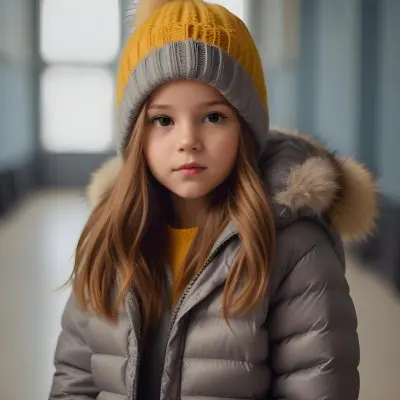 A Young Girl Approximately 8 Years Old With Light Brown Hair And Fair Skin Wearing A Gray Puffer Jacket With A Fur Lined Hood And A Yellow Knitted Beanie The Background Features A Blurred Indoor Setting With Soft Lig 46 5a57