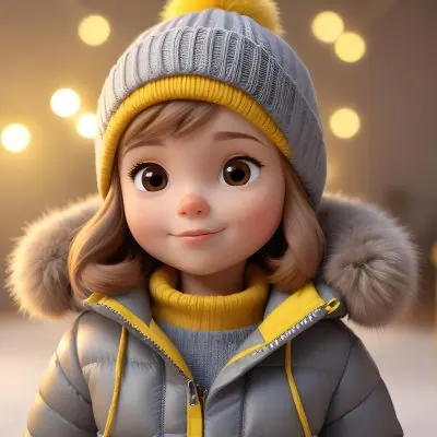A Young Girl Approximately 8 Years Old With Light Brown Hair And Fair Skin Wearing A Gray Puffer Jacket With A Fur Lined Hood And A Yellow Knitted Beanie The Background Features A Blurred Indoor Setting With Soft Lig 5 F045