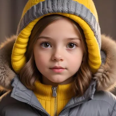 A Young Girl Approximately 8 Years Old With Light Brown Hair And Fair Skin Wearing A Gray Puffer Jacket With A Fur Lined Hood And A Yellow Knitted Beanie The Background Features A Blurred Indoor Setting With Soft Lig 56 6cf2