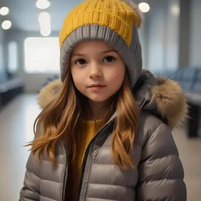 A Young Girl Approximately 8 Years Old With Light Brown Hair And Fair Skin Wearing A Gray Puffer Jacket With A Fur Lined Hood And A Yellow Knitted Beanie The Background Features A Blurred Indoor Setting With Soft Lig 60 A75b