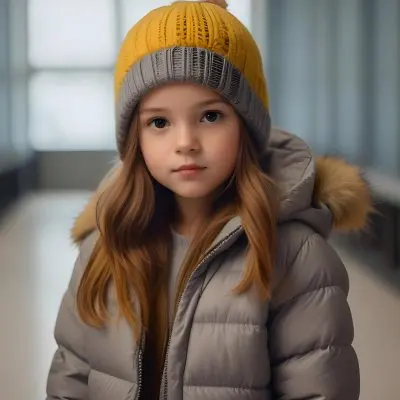 A Young Girl Approximately 8 Years Old With Light Brown Hair And Fair Skin Wearing A Gray Puffer Jacket With A Fur Lined Hood And A Yellow Knitted Beanie The Background Features A Blurred Indoor Setting With Soft Lig 65 B793