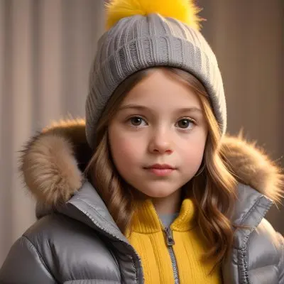 A Young Girl Approximately 8 Years Old With Light Brown Hair And Fair Skin Wearing A Gray Puffer Jacket With A Fur Lined Hood And A Yellow Knitted Beanie The Background Features A Blurred Indoor Setting With Soft Lig 78 C180