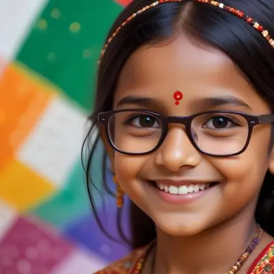 A Young Indian Girl Around 8 Years Old With Medium Brown Skin And Long Black Hair Wearing Glasses And Traditional Attire She Has A Small Red Bindi On Her Forehead And Is Smiling The Background Features Colorful Patt 31 Eeda