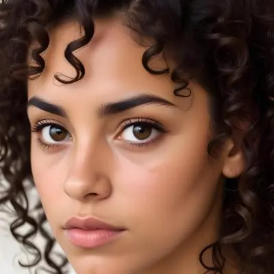 A Young Latina Woman With Curly Dark Hair Olive Skin And A Serious Expression On Her Face 7 0ba0