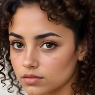 A Young Latina Woman With Curly Dark Hair Olive Skin And A Serious Expression On Her Face 9 De35