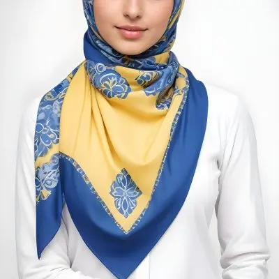 A Young Middle Eastern Woman Wearing A Blue And Yellow Patterned Hijab 1 8bfc
