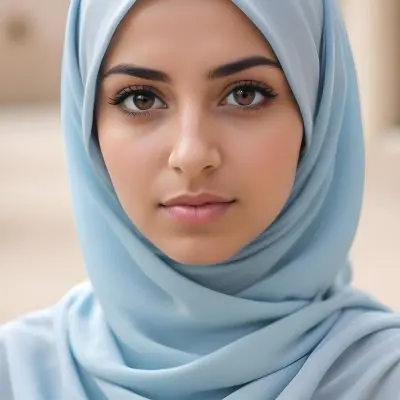 A Young Middle Eastern Woman Wearing A Light Blue Hijab Looking Directly At The Camera With A Serious Expression 17 1dab