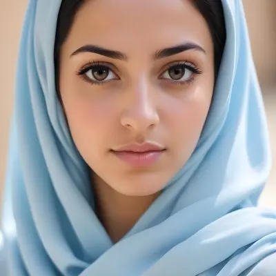 A Young Middle Eastern Woman Wearing A Light Blue Hijab Looking Directly At The Camera With A Serious Expression 20 C61c
