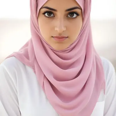 A Young Middle Eastern Woman Wearing A Pink Hijab Looking Directly At The Camera With A Serious Expression In Daylight 22 A9d3