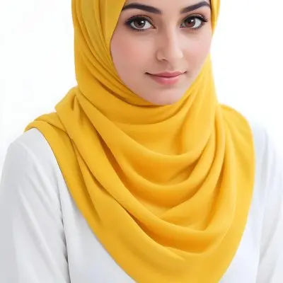 A Young Middle Eastern Woman With Dark Hair Wearing A Bright Yellow Hijab Smiling At The Camera 11 89e9