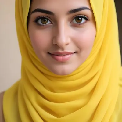 A Young Middle Eastern Woman With Dark Hair Wearing A Bright Yellow Hijab Smiling At The Camera 4 63e4