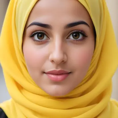 A Young Middle Eastern Woman With Dark Hair Wearing A Bright Yellow Hijab Smiling At The Camera 6 4dfc