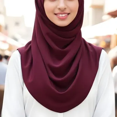 A Young Middle Eastern Woman With Dark Hair Wearing A Burgundy Hijab Smiling At The Camera 1 B592