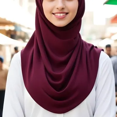 A Young Middle Eastern Woman With Dark Hair Wearing A Burgundy Hijab Smiling At The Camera 3 E9ea