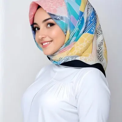 A Young Middle Eastern Woman With Dark Hair Wearing A Colorful Patterned Hijab Smiling At The Camera 20 7433