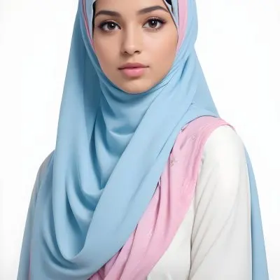 A Young Middle Eastern Woman With Dark Hair Wearing A Light Blue Hijab And A Pink Top 1 F688