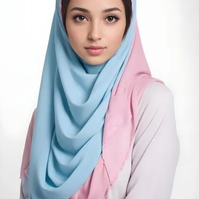 A Young Middle Eastern Woman With Dark Hair Wearing A Light Blue Hijab And A Pink Top 2 9173