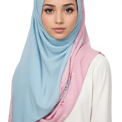 A Young Middle Eastern Woman With Dark Hair Wearing A Light Blue Hijab And A Pink Top 3 9091