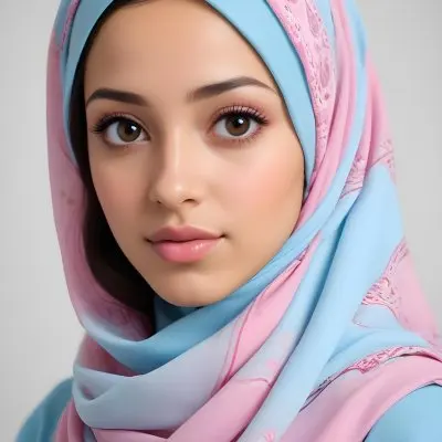 A Young Middle Eastern Woman With Dark Hair Wearing A Light Blue Hijab And A Pink Top 4 52c5