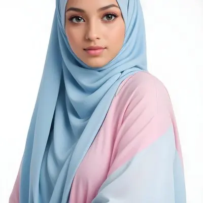 A Young Middle Eastern Woman With Dark Hair Wearing A Light Blue Hijab And A Pink Top 6 F3af