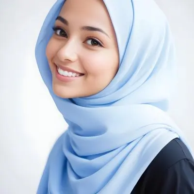 A Young Middle Eastern Woman With Dark Hair Wearing A Light Blue Hijab Smiling At The Camera 12 F027
