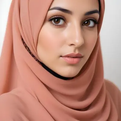 A Young Middle Eastern Woman With Dark Hair Wearing A Peach Colored Hijab Looking Directly At The Camera With A Serious Expression 19 42e1