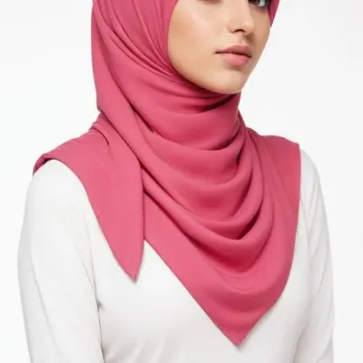 A Young Middle Eastern Woman With Dark Hair Wearing A Pink Hijab Looking Directly At The Camera With A Serious Expression 2 5a18