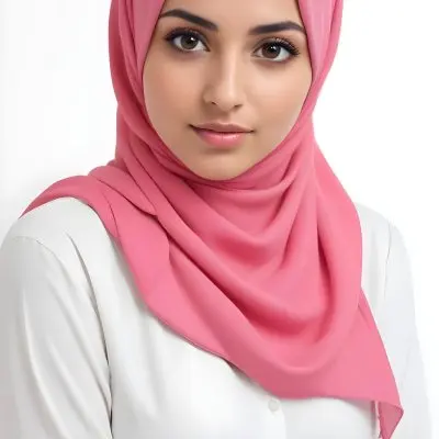 A Young Middle Eastern Woman With Dark Hair Wearing A Pink Hijab Looking Directly At The Camera With A Serious Expression 3 Bc31