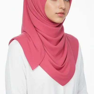 A Young Middle Eastern Woman With Dark Hair Wearing A Pink Hijab Looking Directly At The Camera With A Serious Expression 4 A7ca