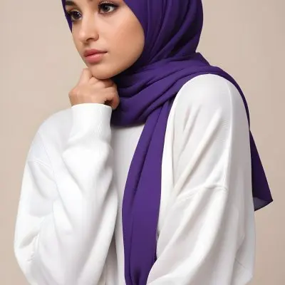A Young Middle Eastern Woman With Dark Hair Wearing A Purple Hijab Looking Directly At The Camera With A Serious Expression 2 Ee2b