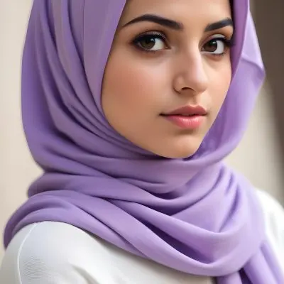 A Young Middle Eastern Woman With Dark Hair Wearing A Purple Hijab Looking Directly At The Camera With A Serious Expression 4 0598