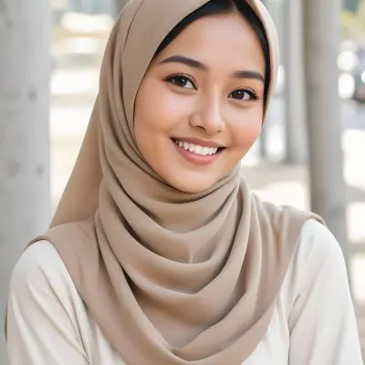 A Young Southeast Asian Woman With Long Dark Hair Wearing A Beige Hijab And Smiling At The Camera 1 39e8