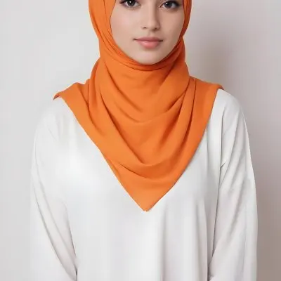 A Young Southeast Asian Woman With Long Dark Hair Wearing An Orange Hijab And A White Top 1 9d05