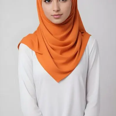 A Young Southeast Asian Woman With Long Dark Hair Wearing An Orange Hijab And A White Top 13 D387