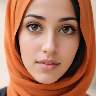 A Young Southeast Asian Woman With Long Dark Hair Wearing An Orange Hijab And A White Top 14 A364