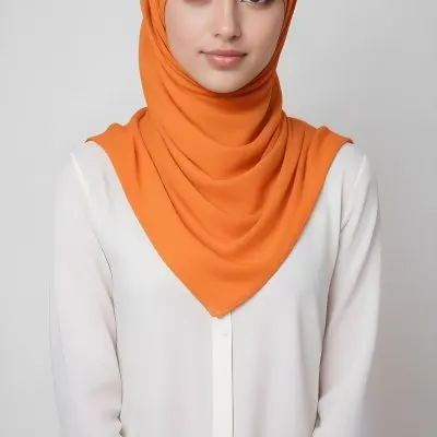 A Young Southeast Asian Woman With Long Dark Hair Wearing An Orange Hijab And A White Top 2 Af98