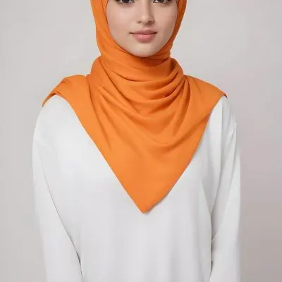 A Young Southeast Asian Woman With Long Dark Hair Wearing An Orange Hijab And A White Top 22 C81b