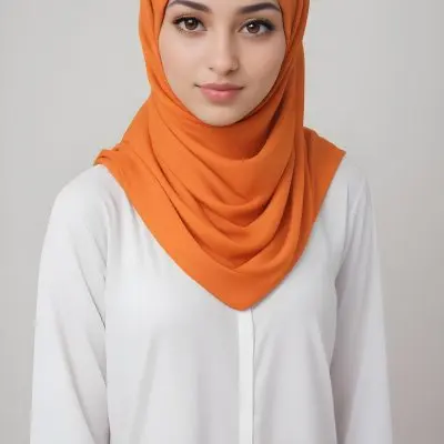 A Young Southeast Asian Woman With Long Dark Hair Wearing An Orange Hijab And A White Top 23 7177