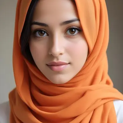 A Young Southeast Asian Woman With Long Dark Hair Wearing An Orange Hijab And A White Top 4 622f