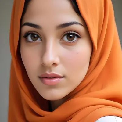 A Young Southeast Asian Woman With Long Dark Hair Wearing An Orange Hijab And A White Top 6 1940
