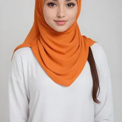 A Young Southeast Asian Woman With Long Dark Hair Wearing An Orange Hijab And A White Top 9 Ad98