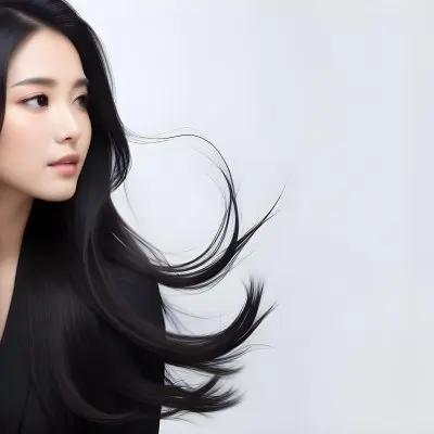 A Young Woman Of Asian With Long Flowing Black Hair Wearing A Black Outfit She Has A Smooth Complexion And Is Facing Slightly To The Side With Her Hair Gently Blowing The Background Is A Soft Gradient Of Light Color 14 9cfb
