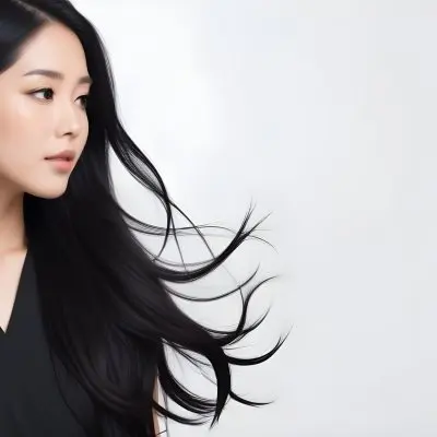 A Young Woman Of Asian With Long Flowing Black Hair Wearing A Black Outfit She Has A Smooth Complexion And Is Facing Slightly To The Side With Her Hair Gently Blowing The Background Is A Soft Gradient Of Light Color 20 8eef
