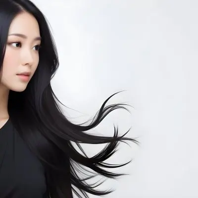 A Young Woman Of Asian With Long Flowing Black Hair Wearing A Black Outfit She Has A Smooth Complexion And Is Facing Slightly To The Side With Her Hair Gently Blowing The Background Is A Soft Gradient Of Light Color 22 9e4b