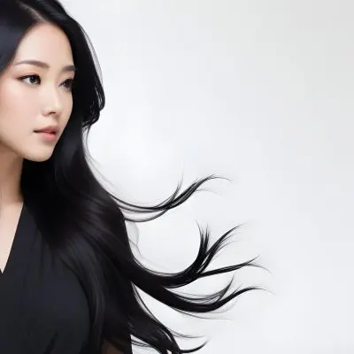 A Young Woman Of Asian With Long Flowing Black Hair Wearing A Black Outfit She Has A Smooth Complexion And Is Facing Slightly To The Side With Her Hair Gently Blowing The Background Is A Soft Gradient Of Light Color 24 3a4f