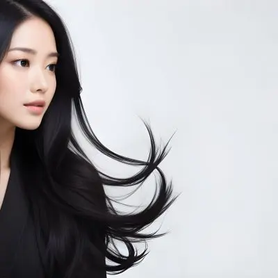 A Young Woman Of Asian With Long Flowing Black Hair Wearing A Black Outfit She Has A Smooth Complexion And Is Facing Slightly To The Side With Her Hair Gently Blowing The Background Is A Soft Gradient Of Light Color 3 C0b1